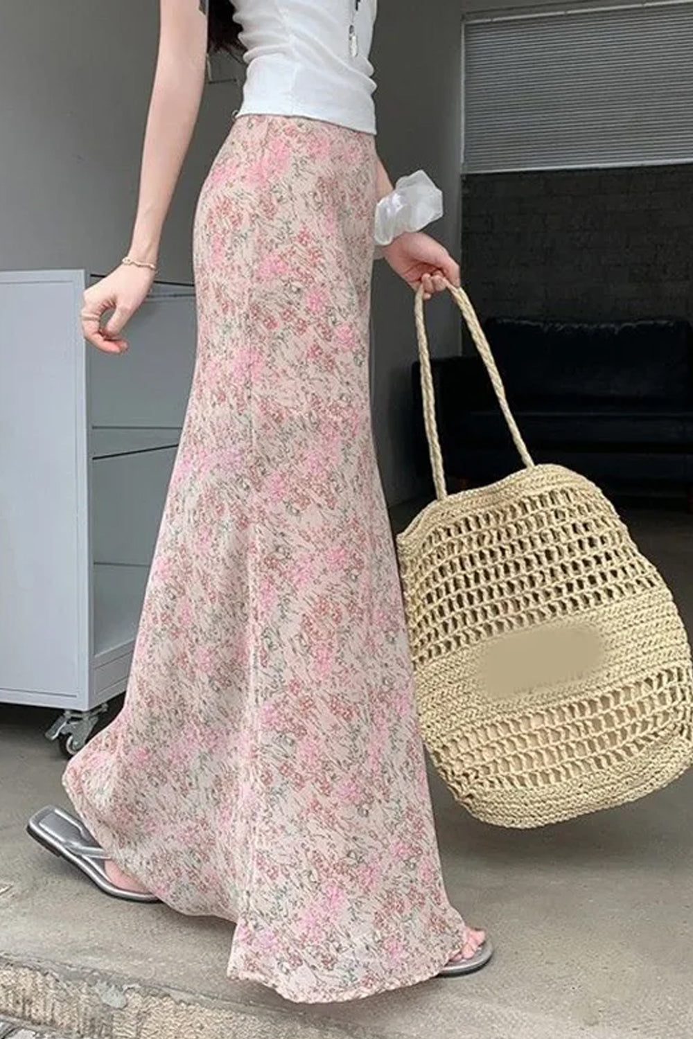 High Waist Pink Floral Long Mermaid Skirts