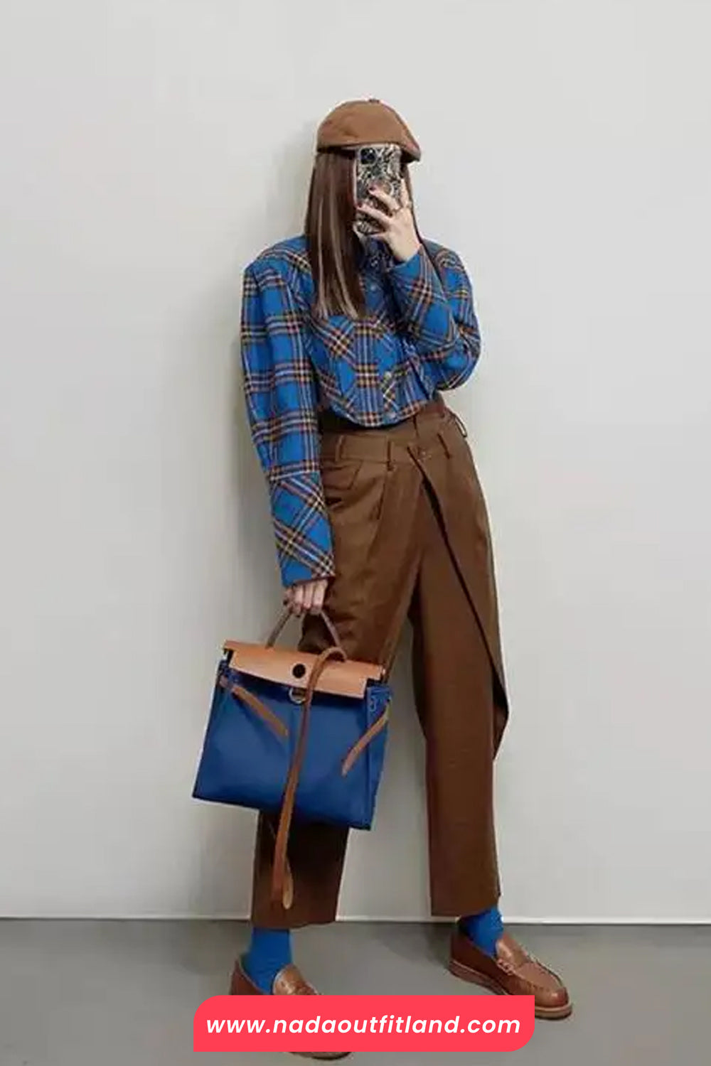 Long Sleeve Vintage Blue Plaid Cropped Blouse Shirt