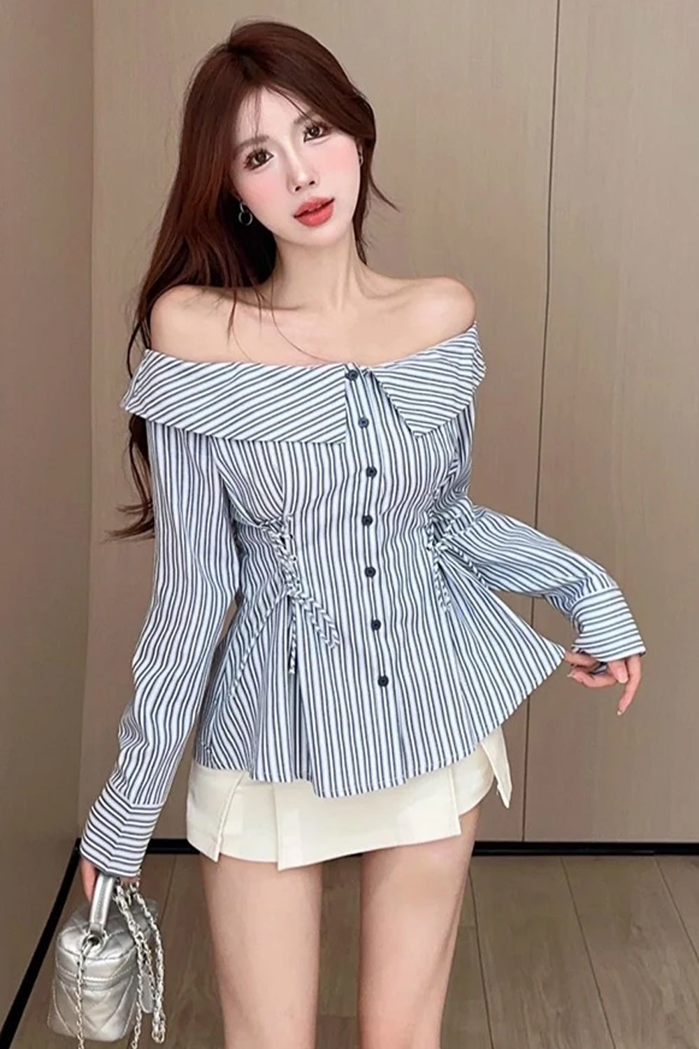 Slash Neck Off Shoulder Striped Slim Blouse Shirt