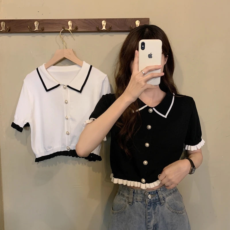 Short Sleeve Turn Down Collar Ruffle Slim Shirts