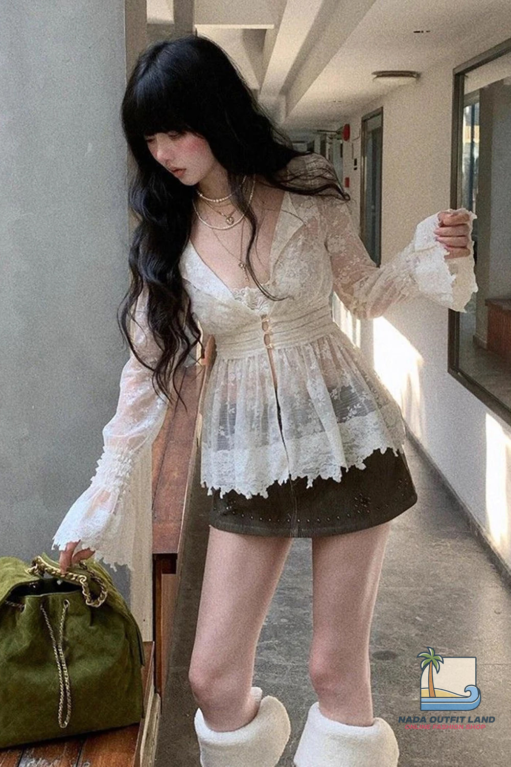 Sexy V-Neck Flare Sleeve Semi Transparent Blouse Shirt