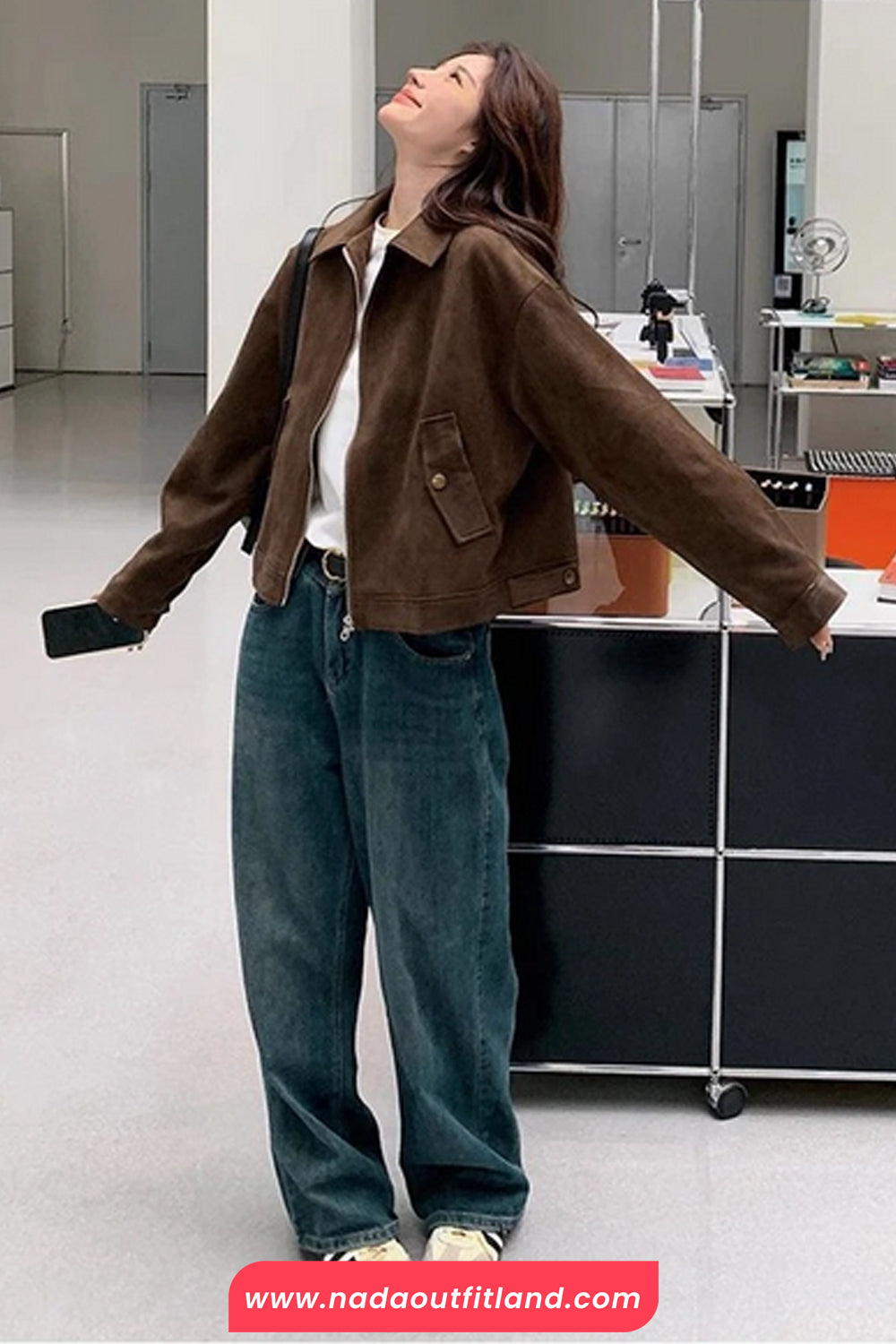 Long Sleeve Turn Down Collar Retro Dark Brown Jacket