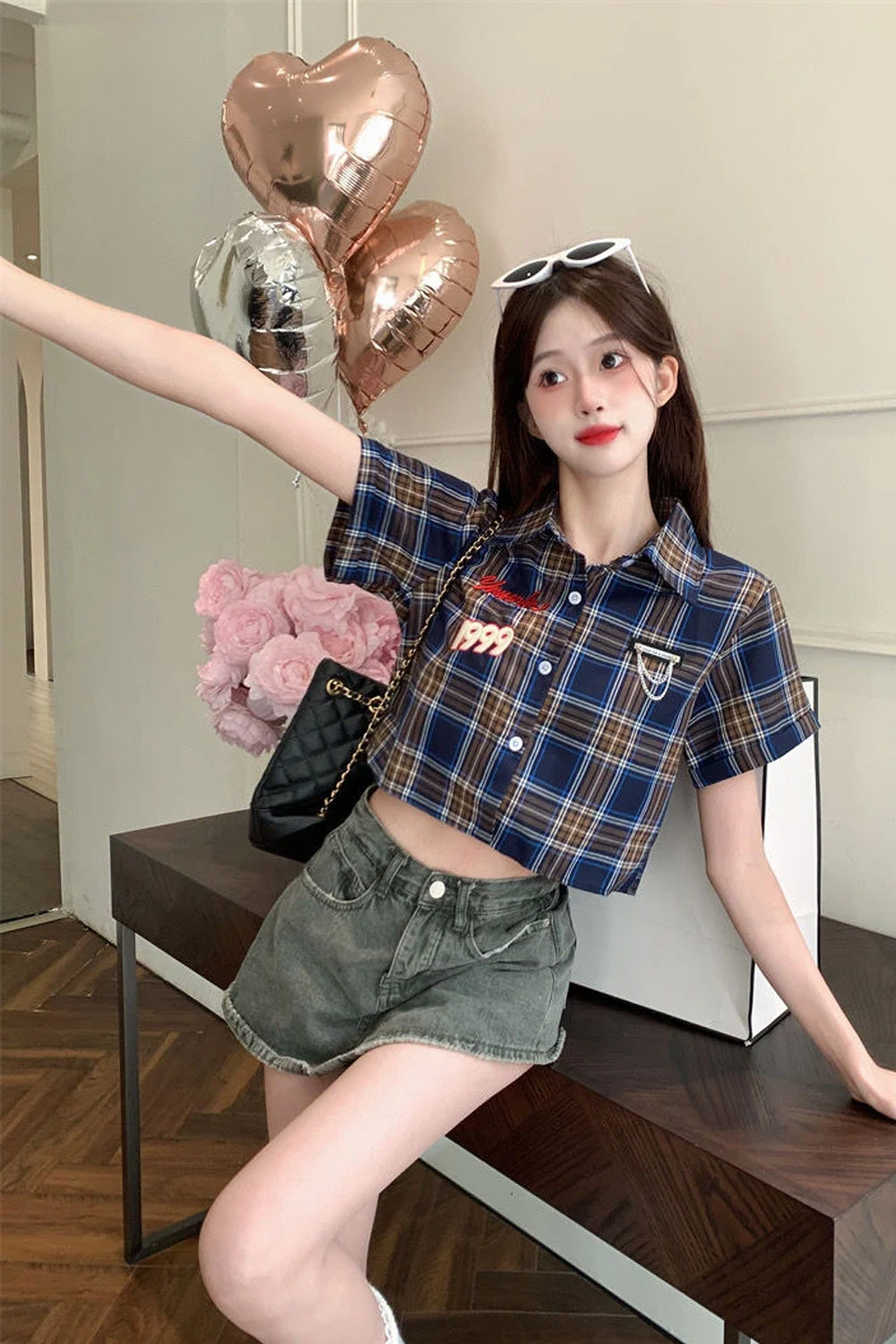 Short Sleeve Retro Plaid Cute Cropped Blouse Shirt