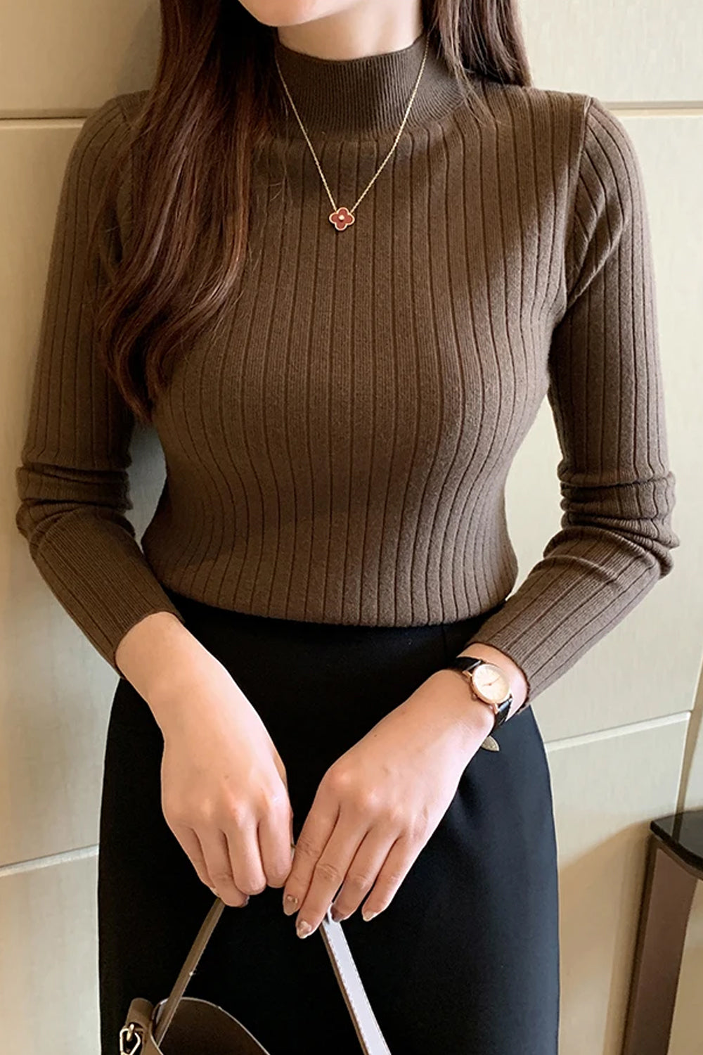 Long Sleeve Semi High Neck Knitted Slim Sweater
