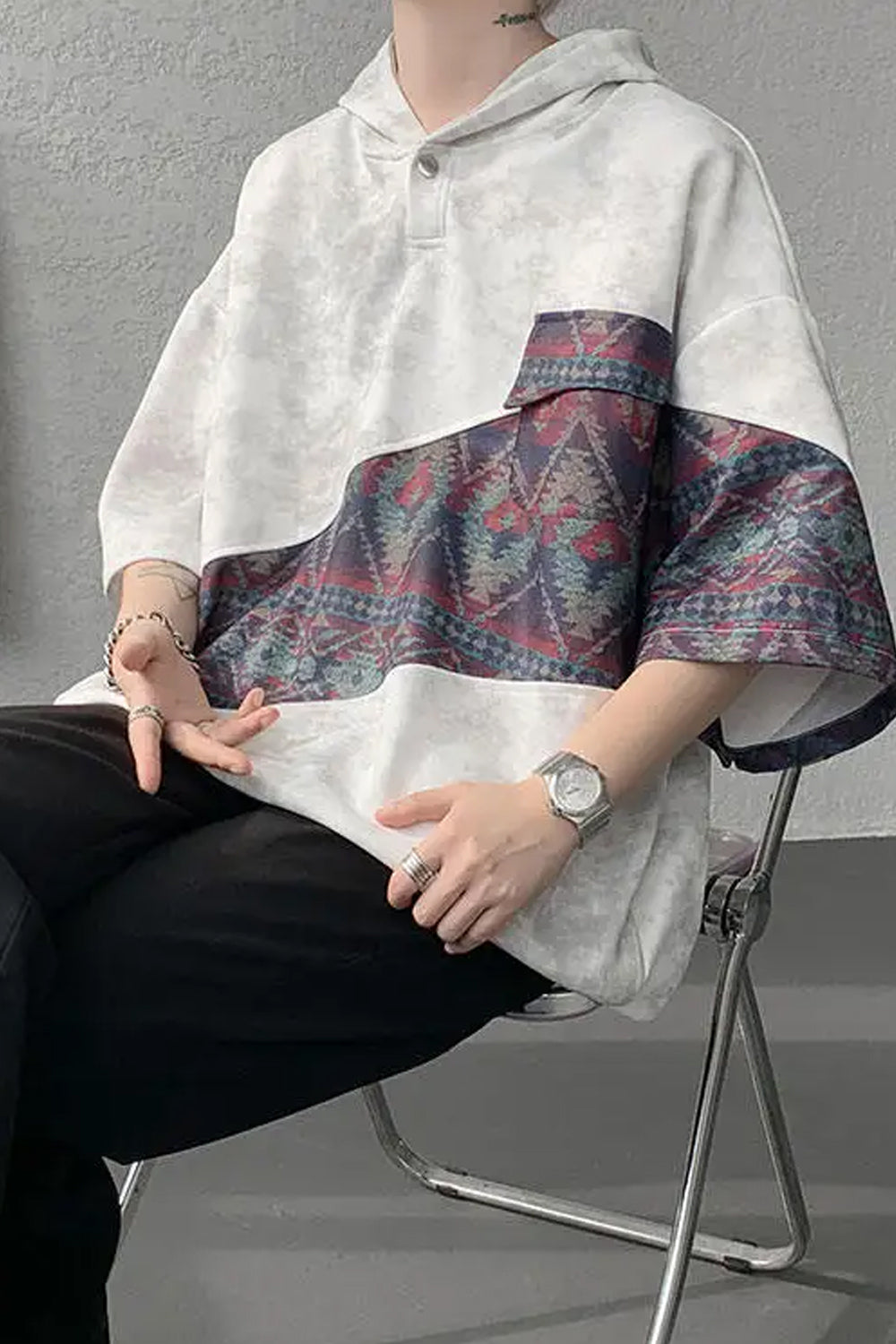 Retro Ethnic Oversized Hooded Shirt â€?Vintage Streetwear Statement Piece