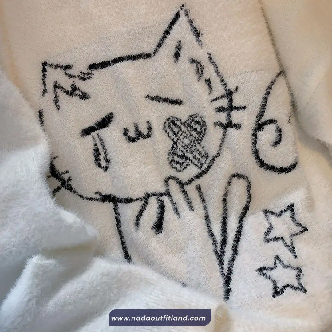 Loose O-Neck Cat Pattern Knitted Cute Sweater