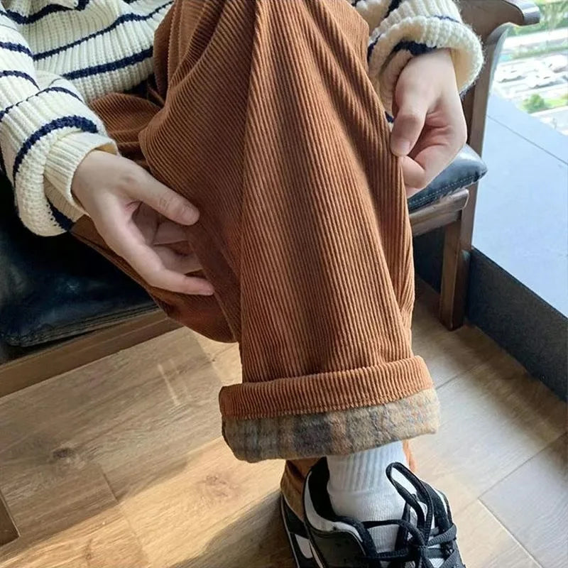 Loose Back Side Plaid Corduroy Long Pants