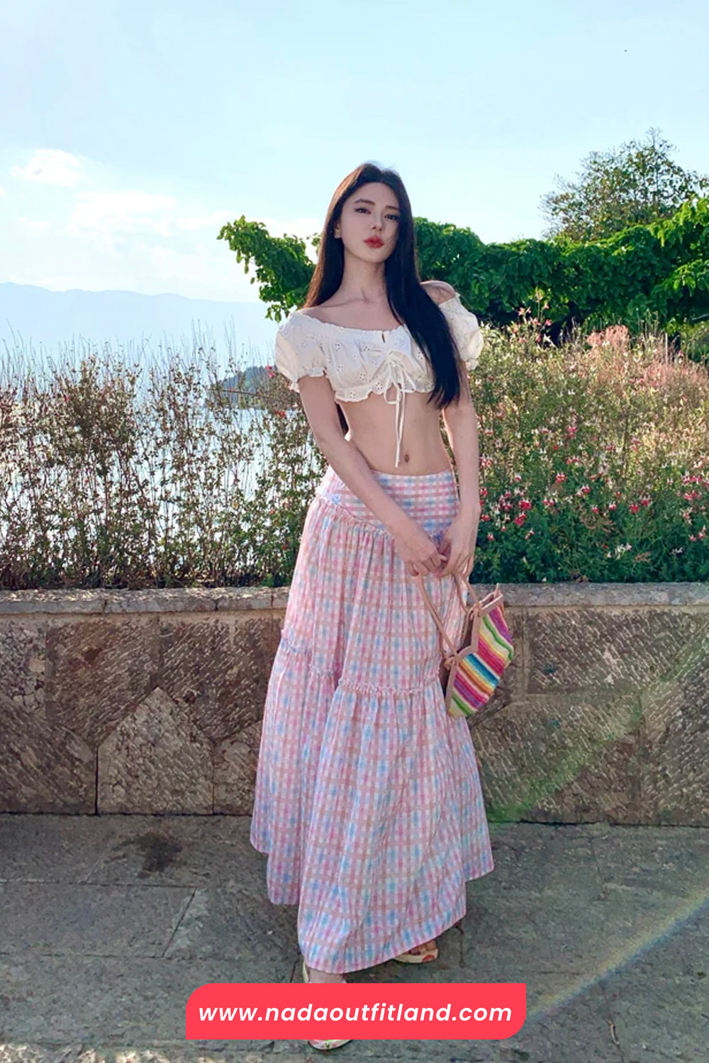 Casual A-Line Design Pink Plaid Midi Skirts
