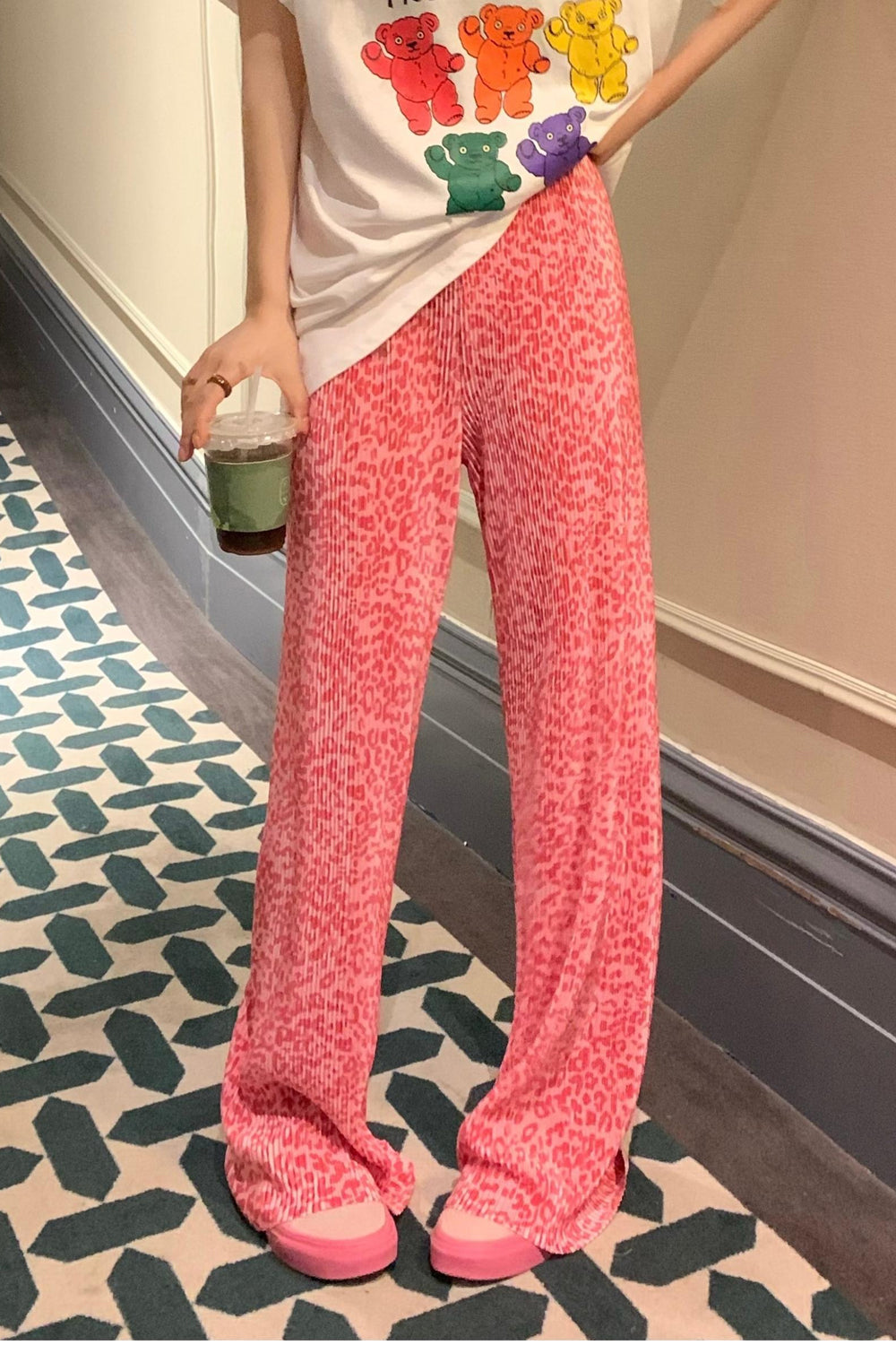 High Waist Pink Leopard Pattern Loose Pants