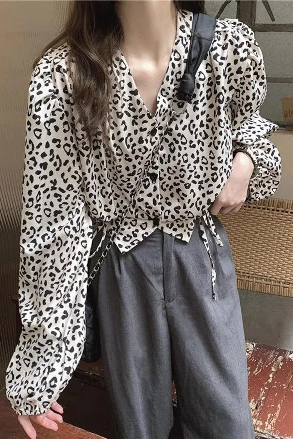 V-Neck Leopard Pattern Lace Up Slim Blouse Shirt