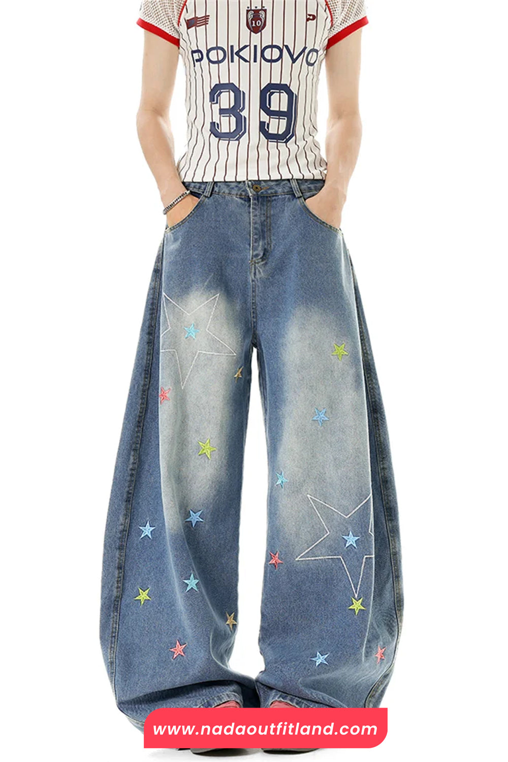 Vintage Stars Pattern Embroidered Flare Jeans Pants