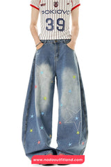 Vintage Stars Pattern Embroidered Flare Jeans Pants