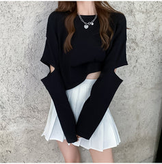 Long Hole Sleeve O-Neck Cropped Shirt