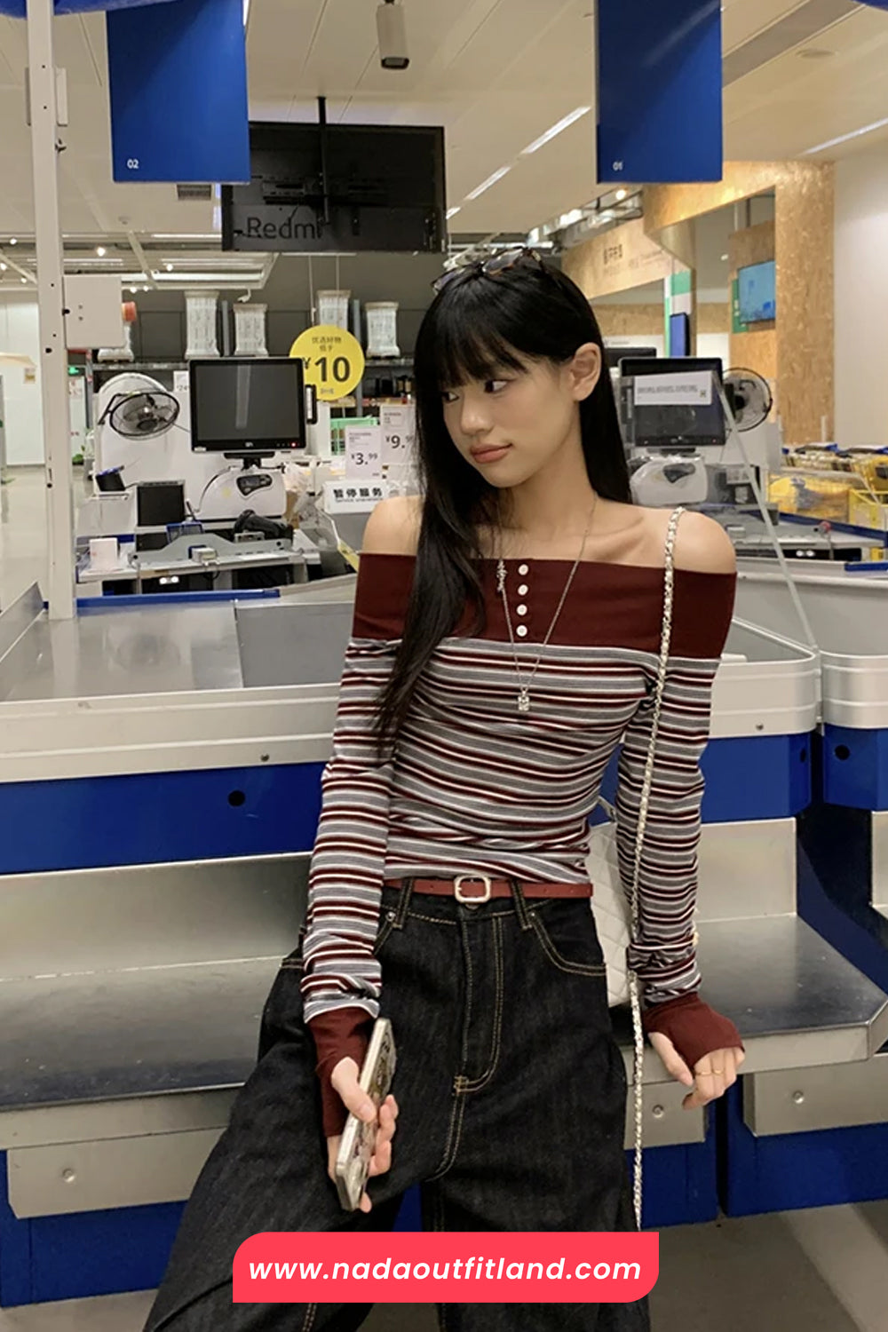 Long Sleeve Slash Neck Striped Cropped Slim Shirt