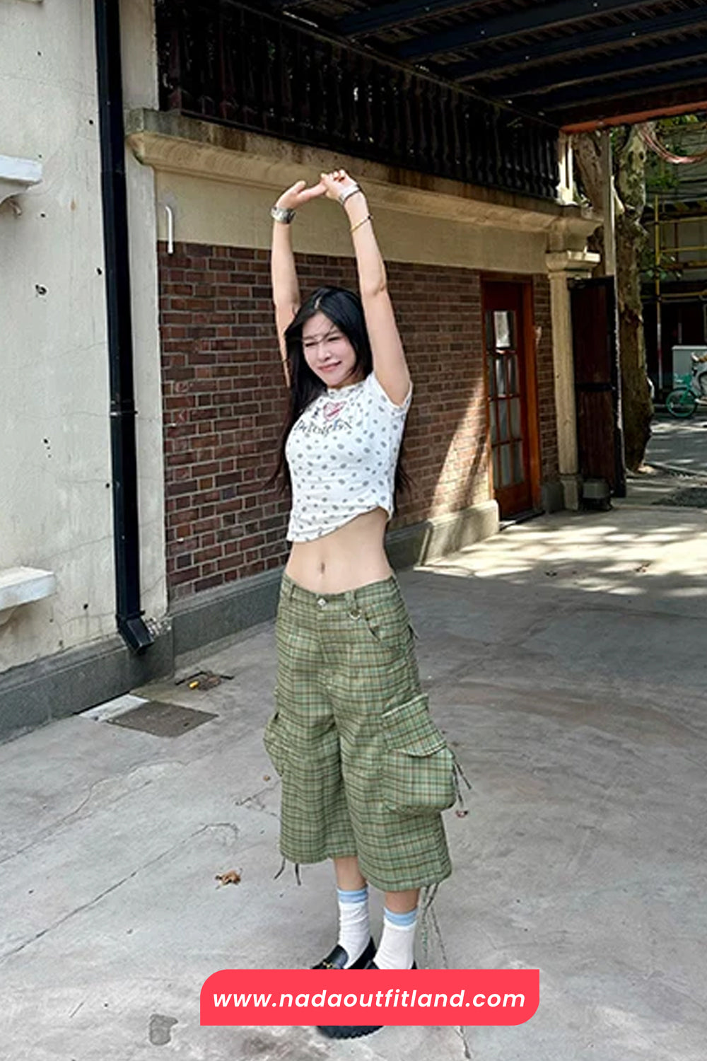High Waist Green Plaid Knee Length Cargo Pants
