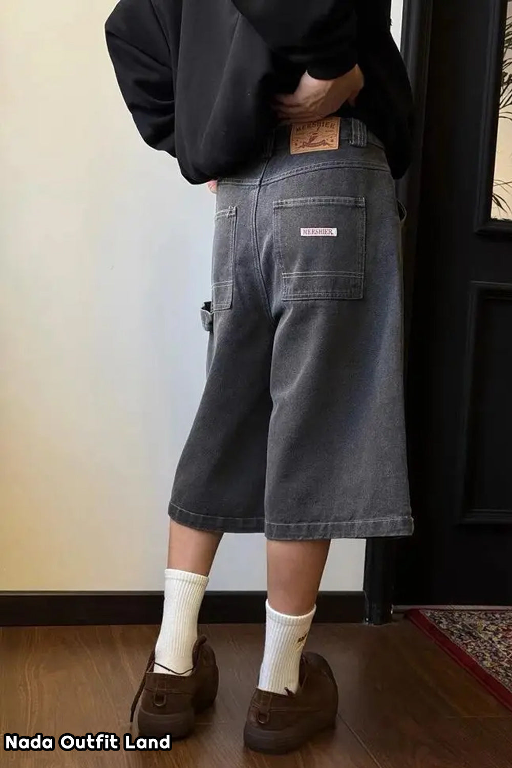Vintage Knee Length Washed Black Denim Shorts