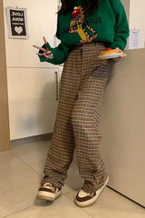 High Waist Retro Brown Plaid Long Pants