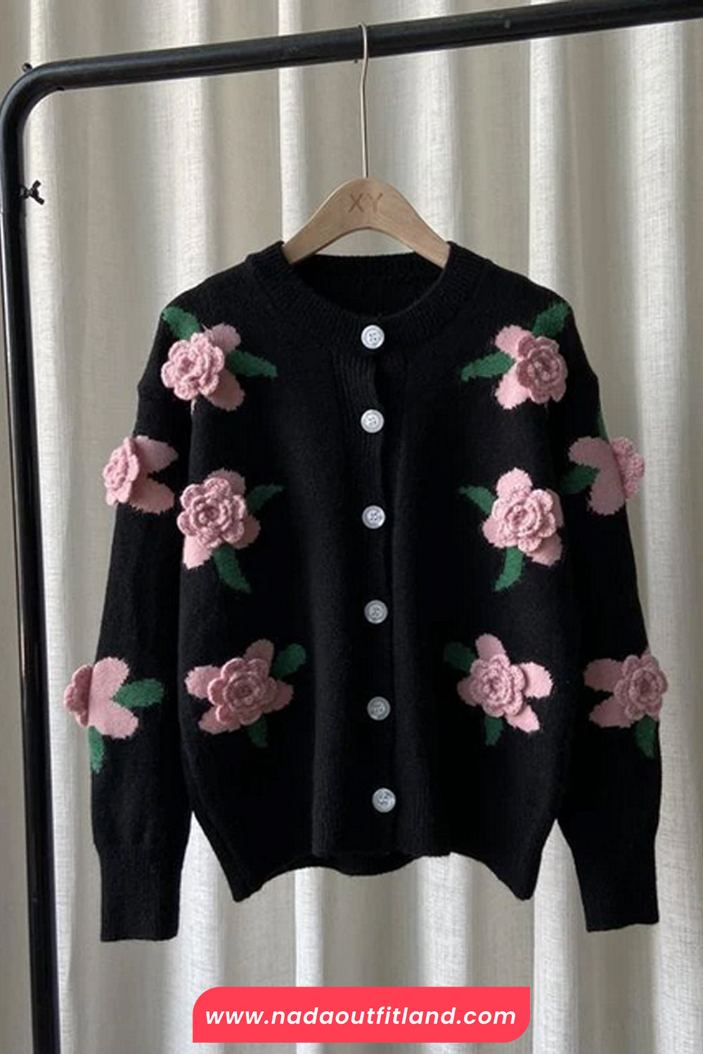 Long Sleeve 3D Pink Flowers Cardigan Sweater