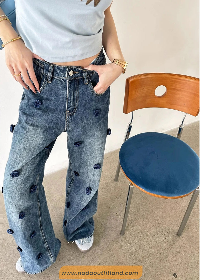 High Waist 3D Flower Pattern Long Jeans Pants
