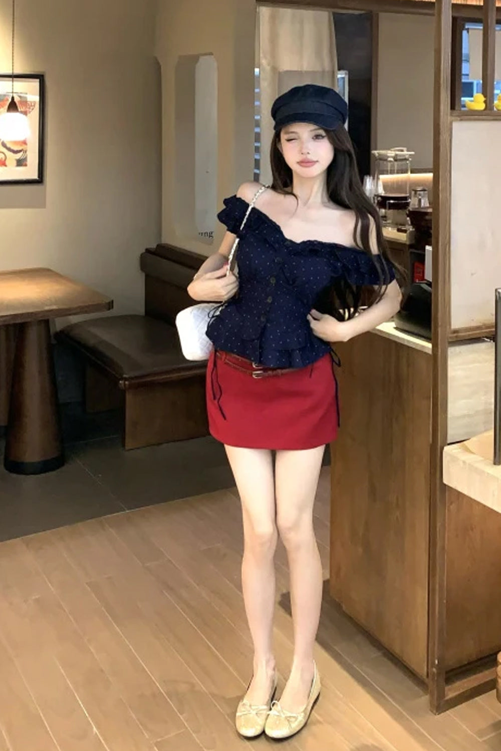 Sexy Slash Neck Dots Pattern Ruffle Cropped Blouse