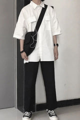 Short Sleeve Double Pockets Basic Blouse Shirts