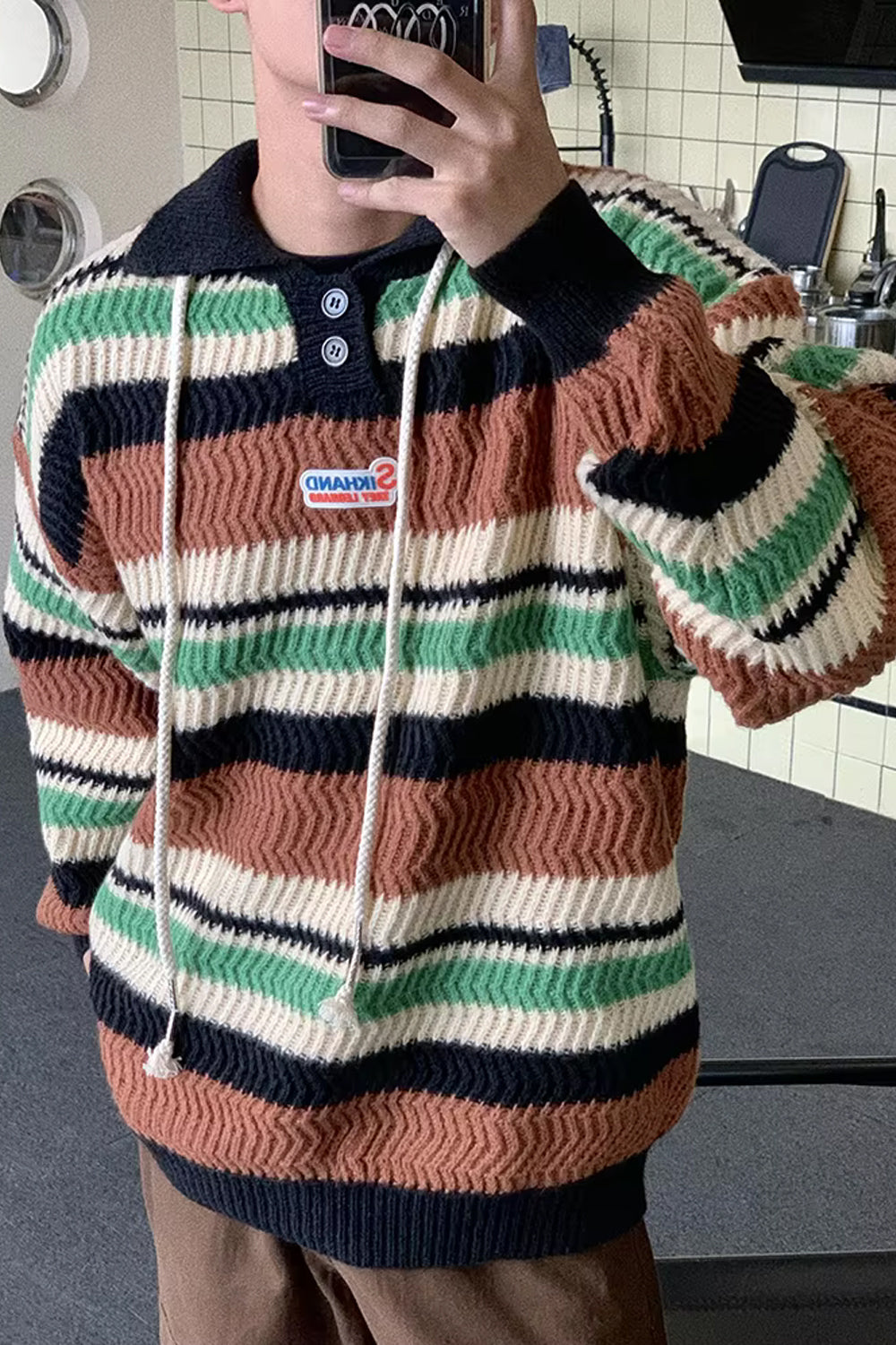 Long Sleeve Turn Down Collar Striped Sweater