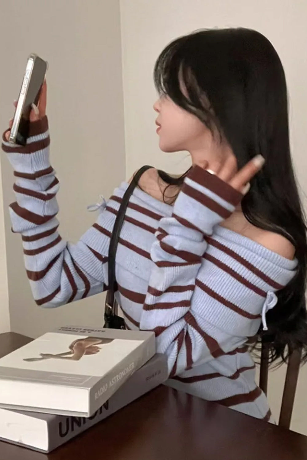 Sexy Slash Neck Striped Cute Bow Knit Sweater