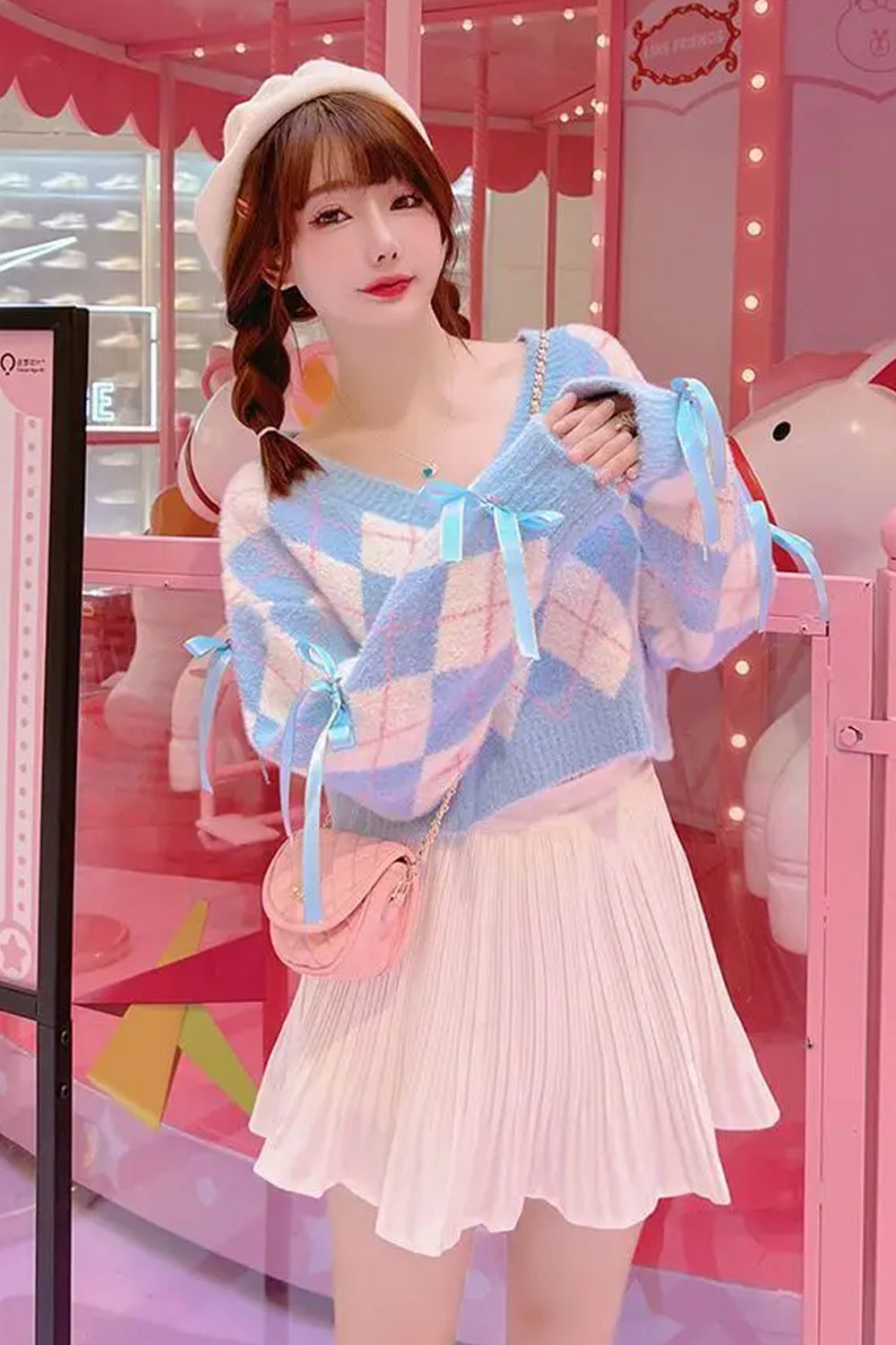 Long Sleeve Blue Argyle Pattern Cropped Bow Sweater