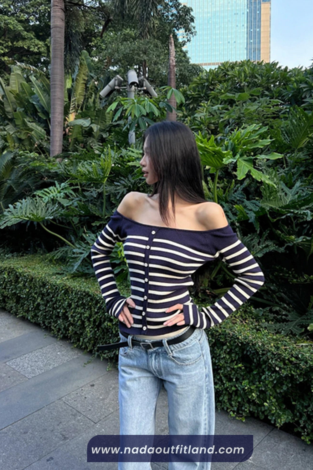Long Sleeve Striped Slash Neck Cropped Cardigan Sweater