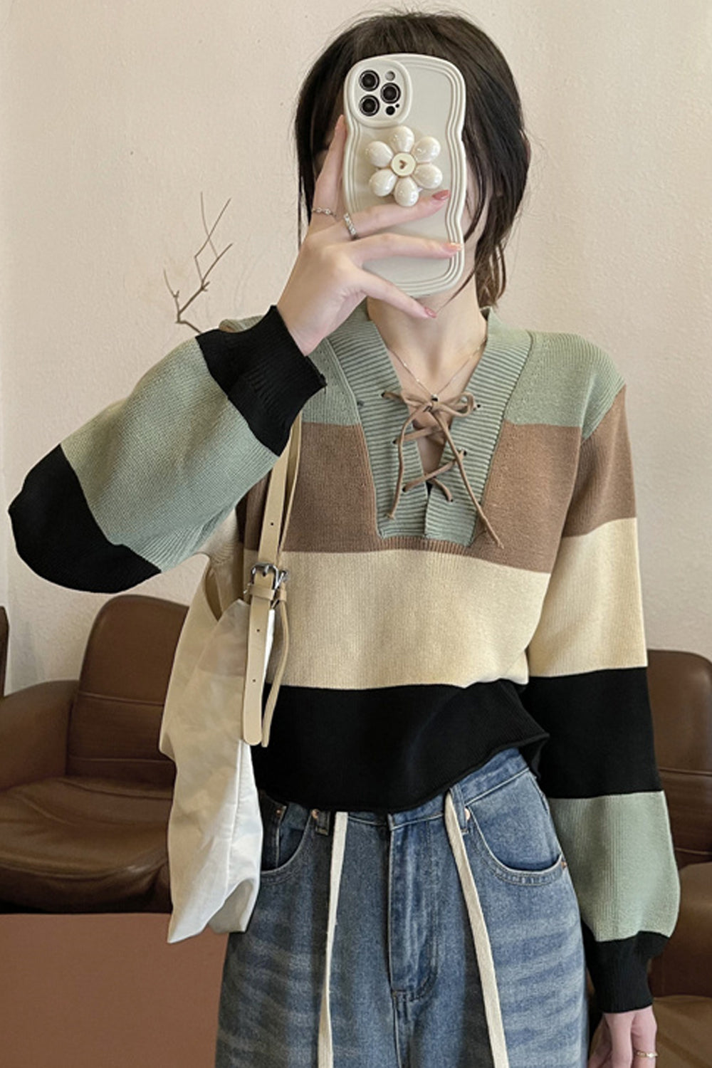 Lace Tie Striped Cropped Sweater