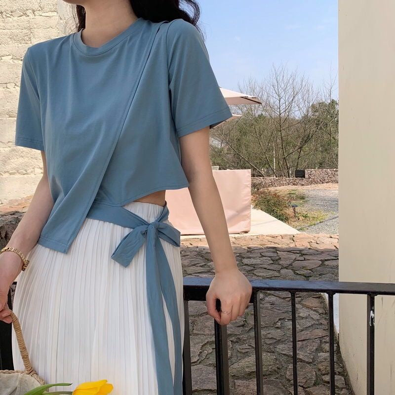Short Sleeve Irregular Solid Tie Shirt