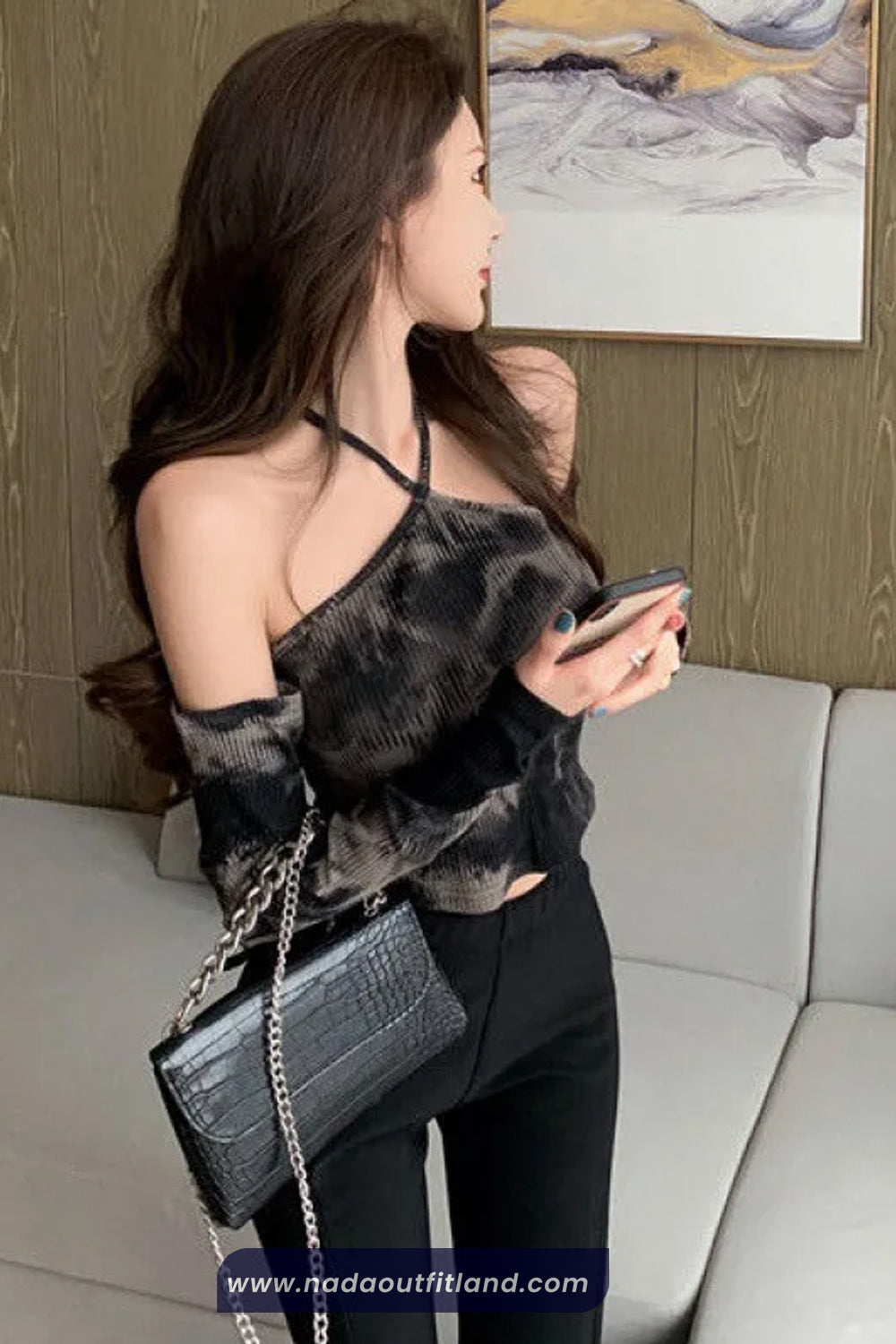 Long Sleeve Tie Dye Sexy Halter Neck Cropped Slim Shirt