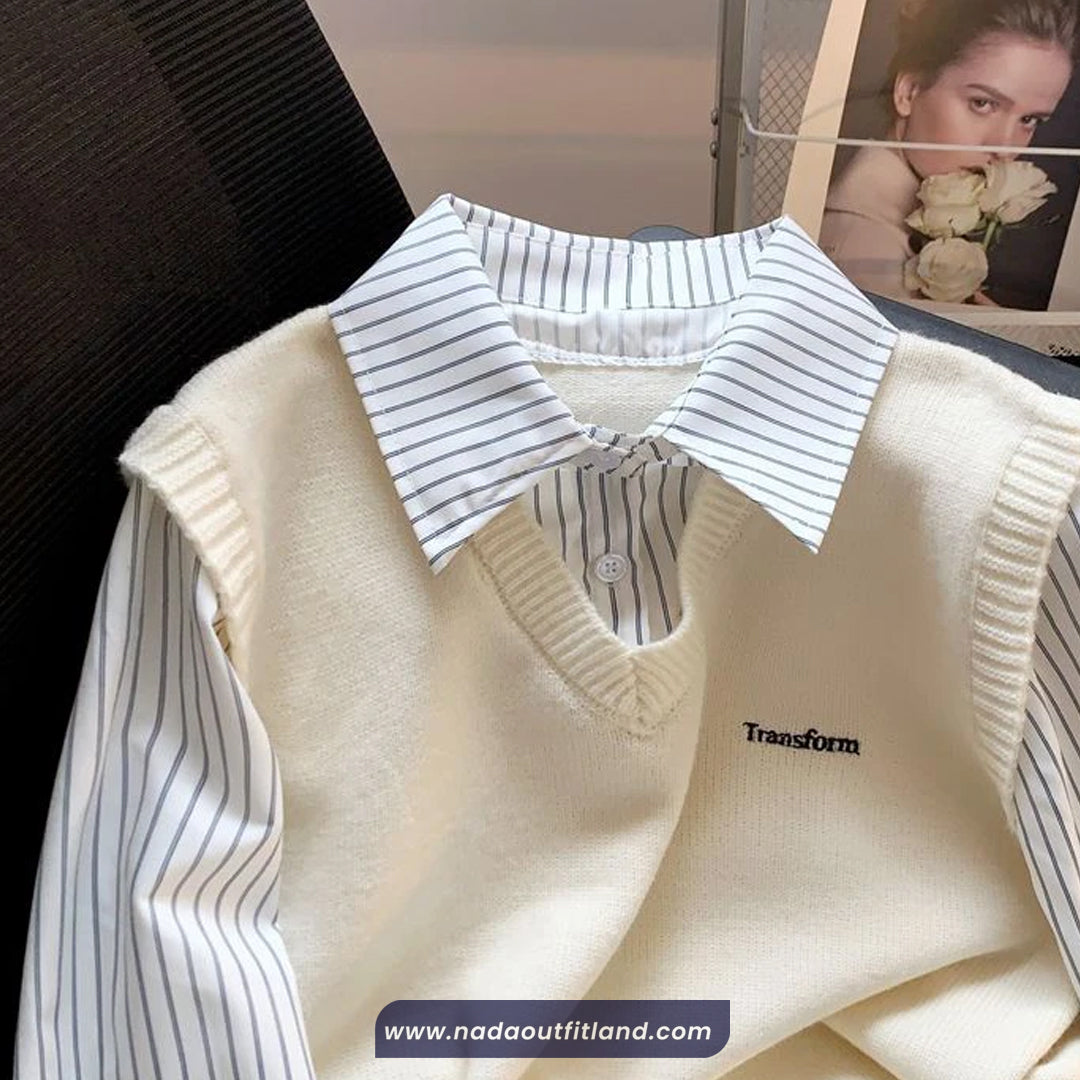 Long Sleeve Knitted Fake Two Striped Blouse Shirts