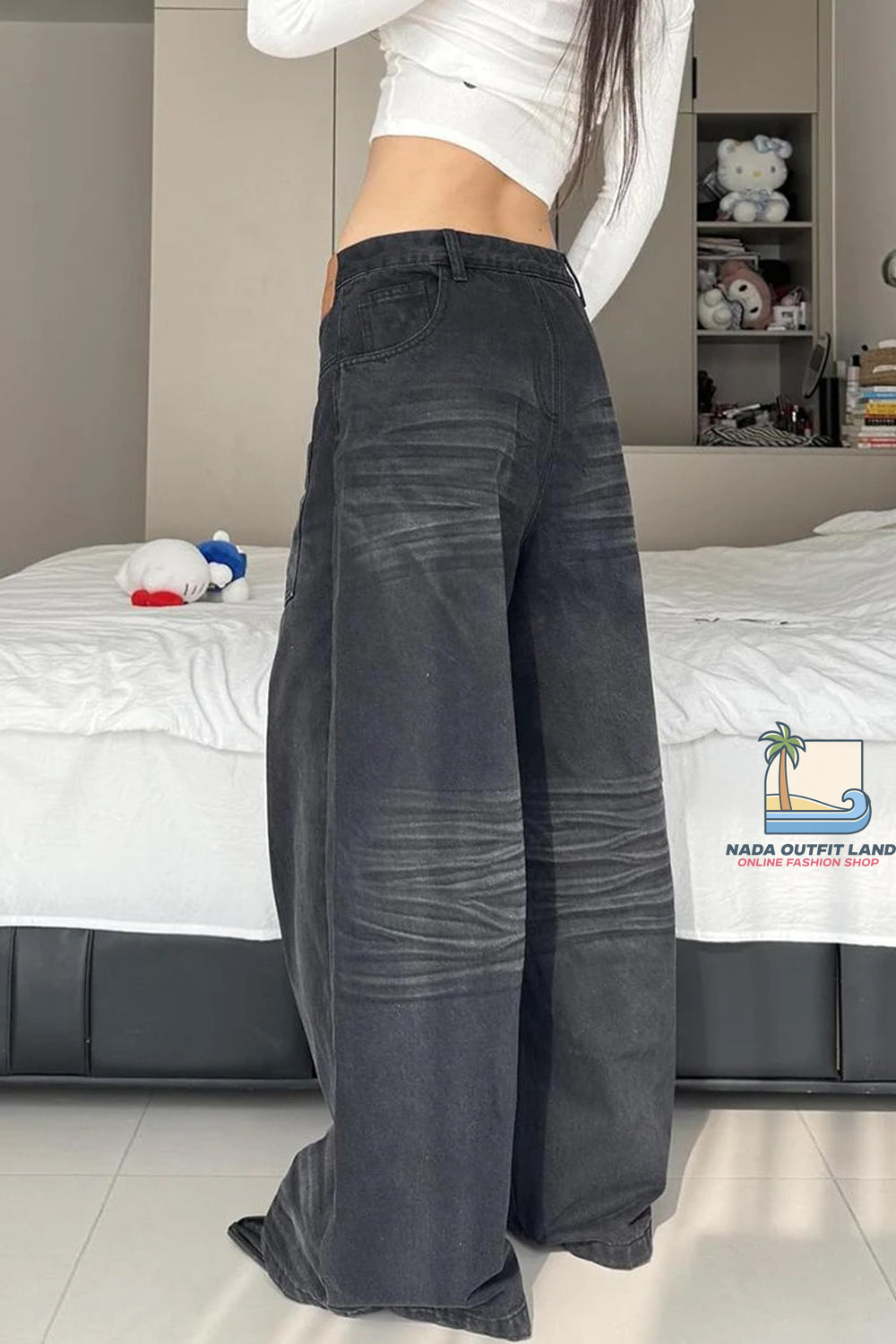 High Waist Retro Black Grey Loose Jeans Pants