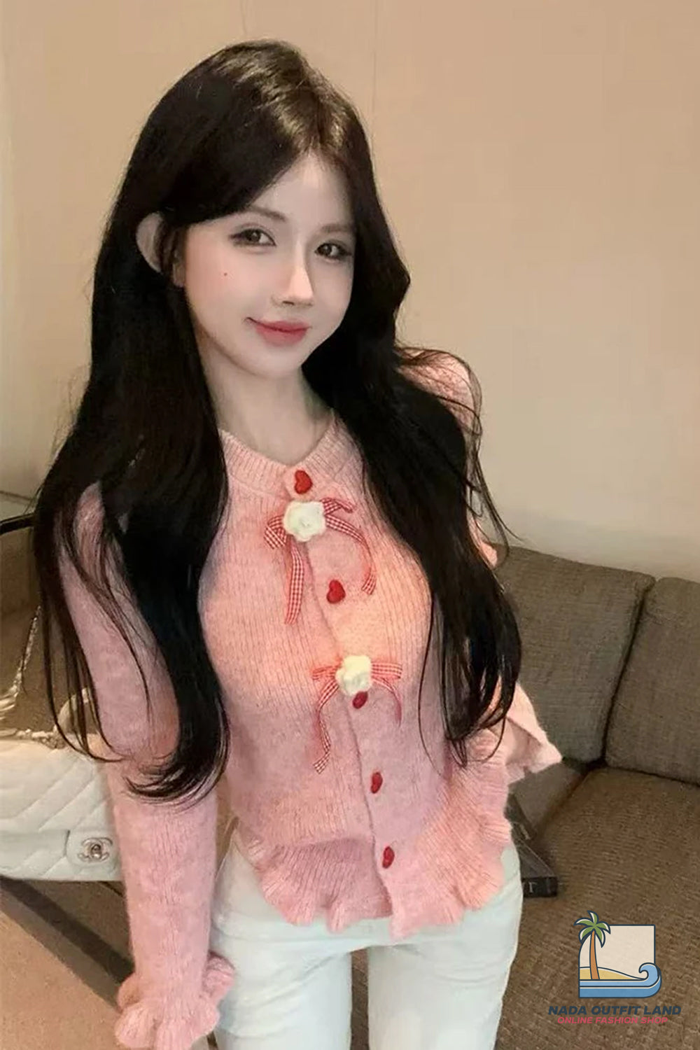 Long Sleeve Cute Bow Heart Button Cardigan Knitted Sweater