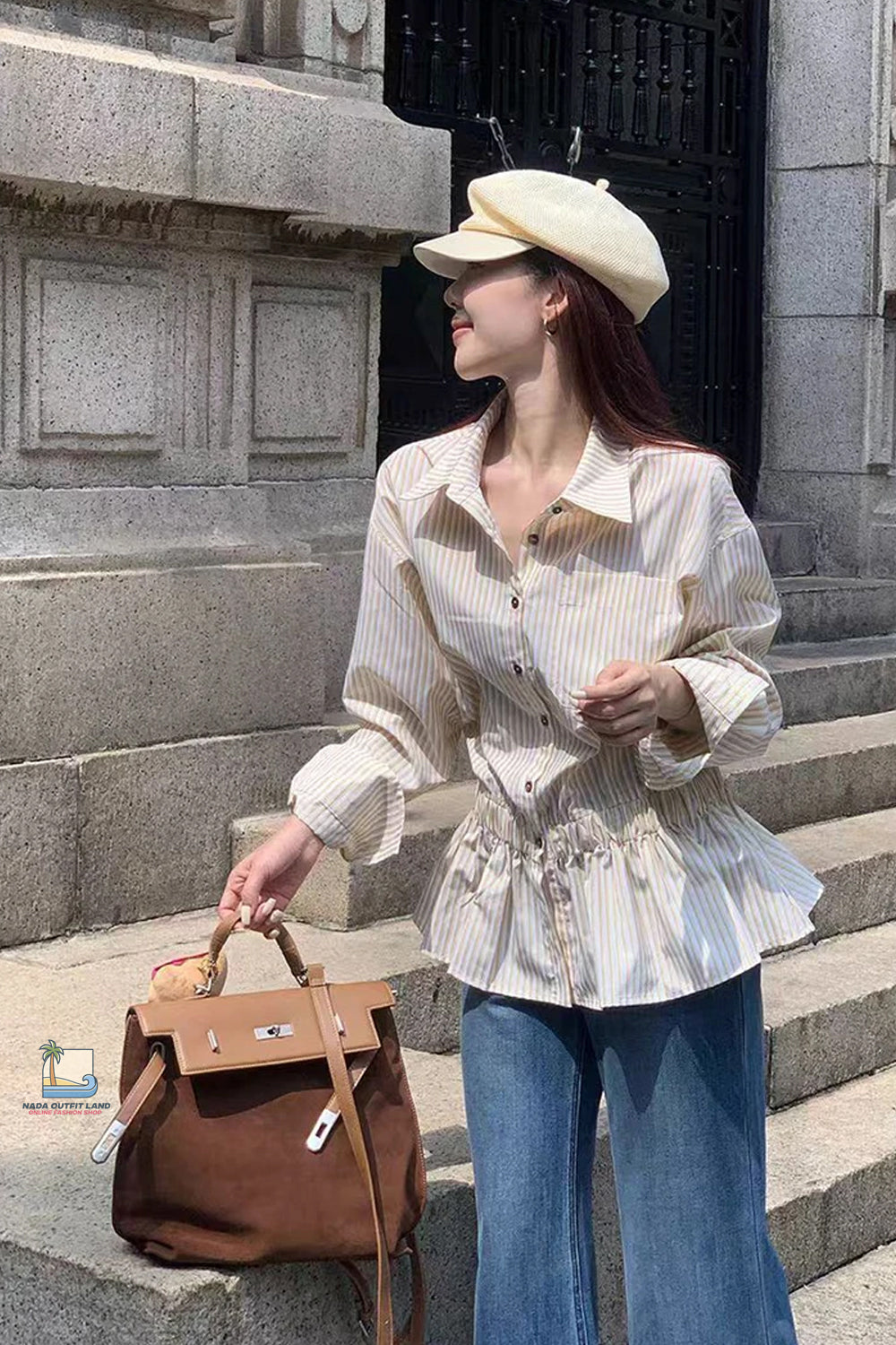 Long Sleeve Stripe Folds Ruffle Blouse Shirt