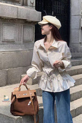 Long Sleeve Stripe Folds Ruffle Blouse Shirt