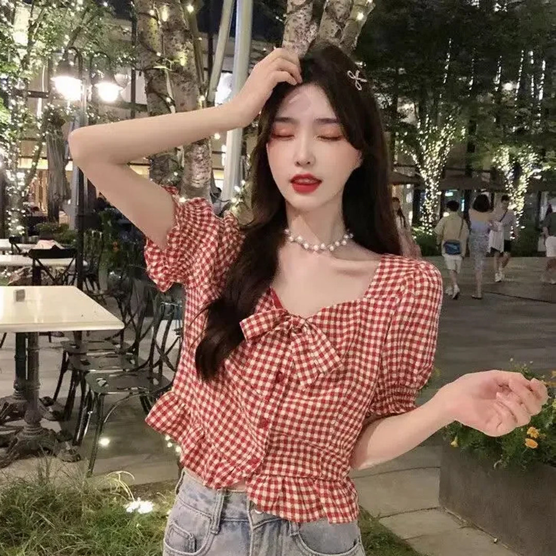Short Sleeve Red Plaid Cute Bow Cropped Shirt