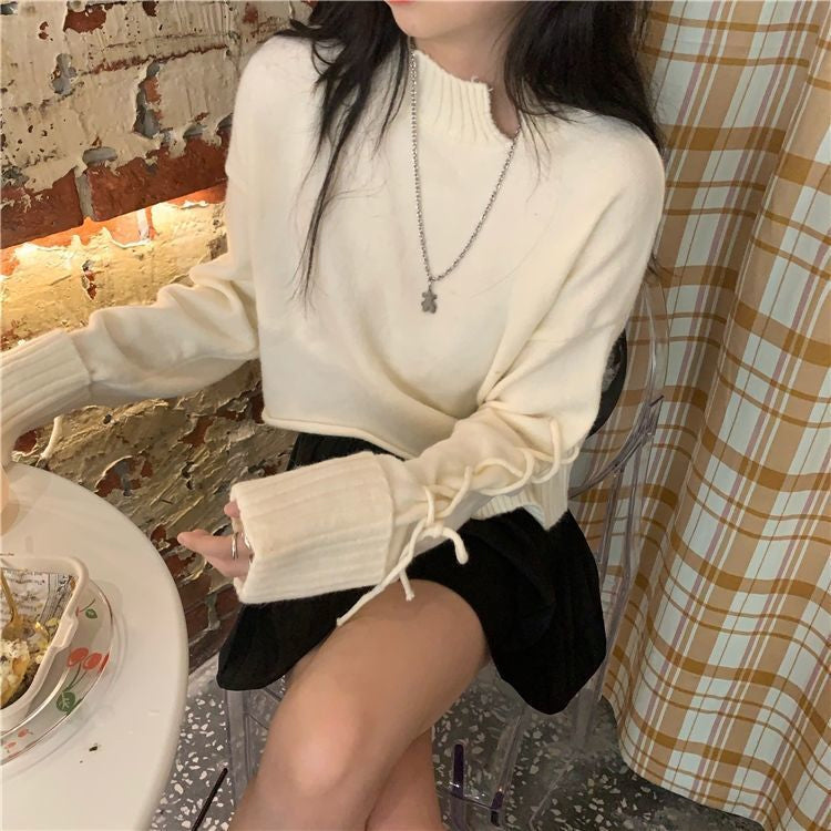 Cropped Lace Tie Irregular Sweater