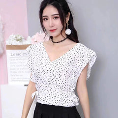 V-Neck Polka Dot Printed Short Sleeve Ruffles Blouse Shirt
