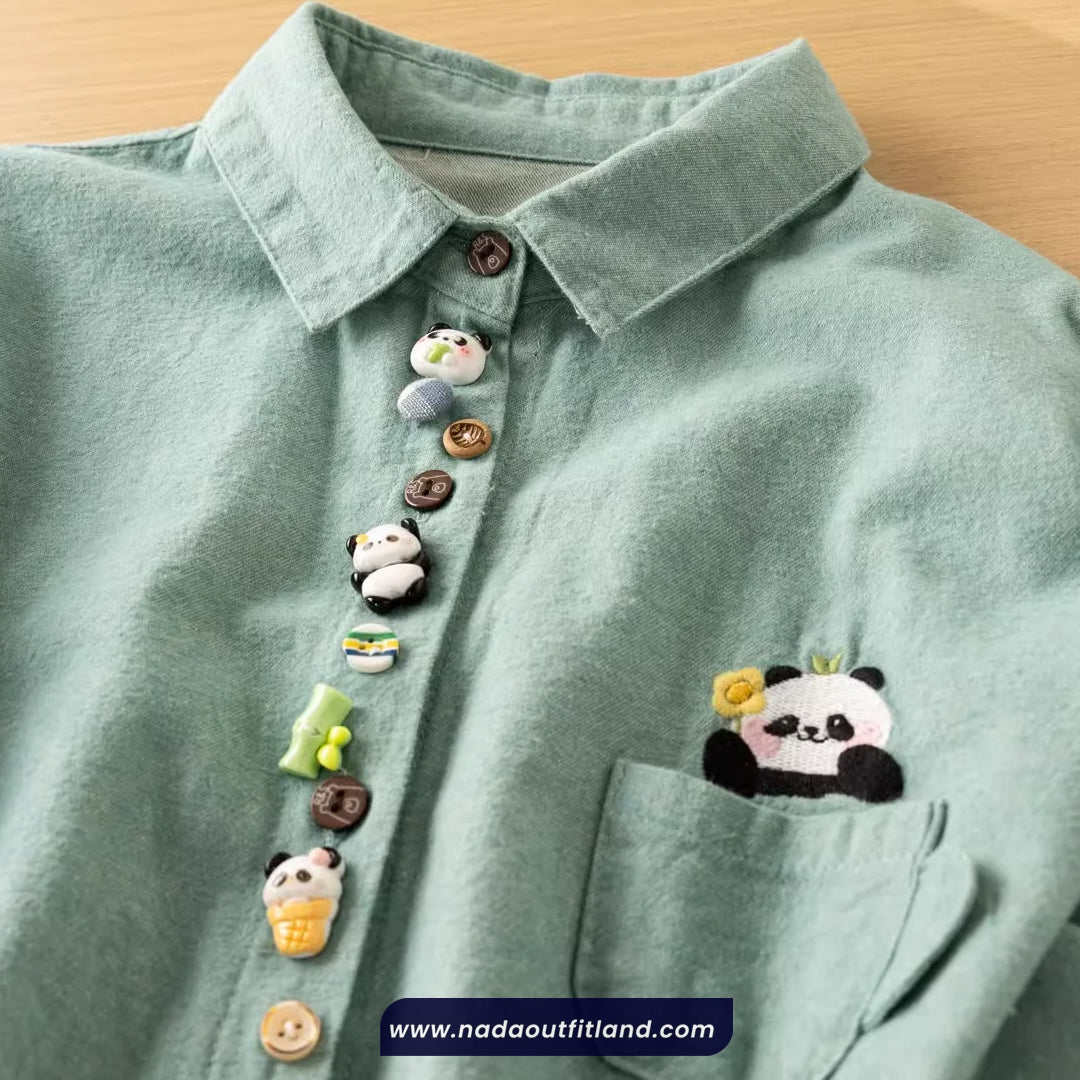 Long Sleeve Cute Panda Embroidered Button Blouse Shirt