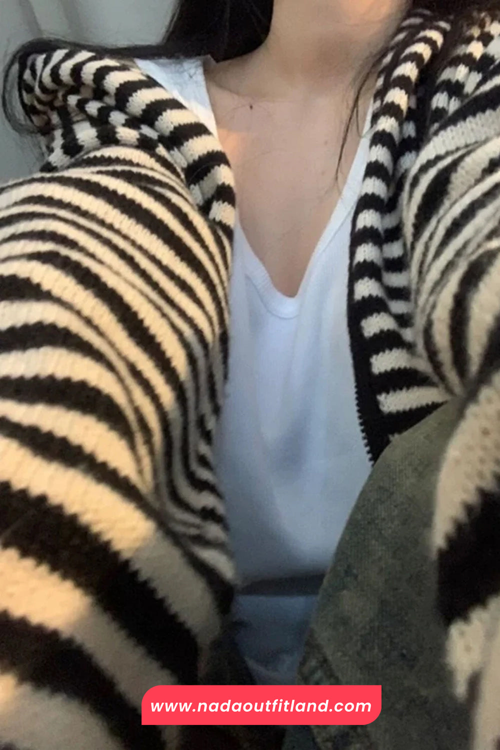 Long Sleeve Black White Striped Knitted Hooded Cardigan Sweater
