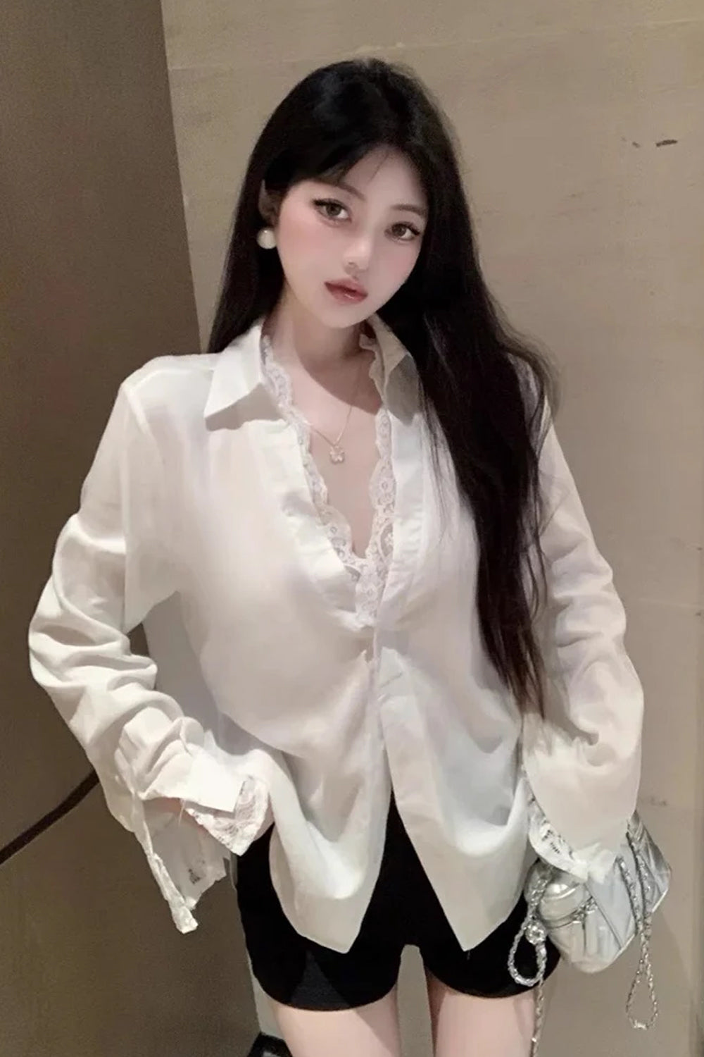 Long Sleeve Lace Patchwork Button Office Blouse Shirt