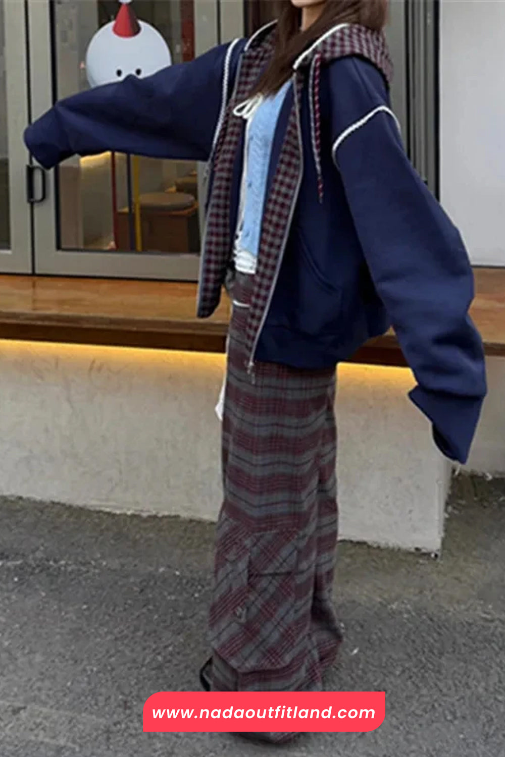 Long Sleeve Vintage Plaid Patchwork Zipper Hooded Sweatshirt