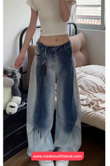 High Waist Loose Dark Blue Gradient Jeans Pants