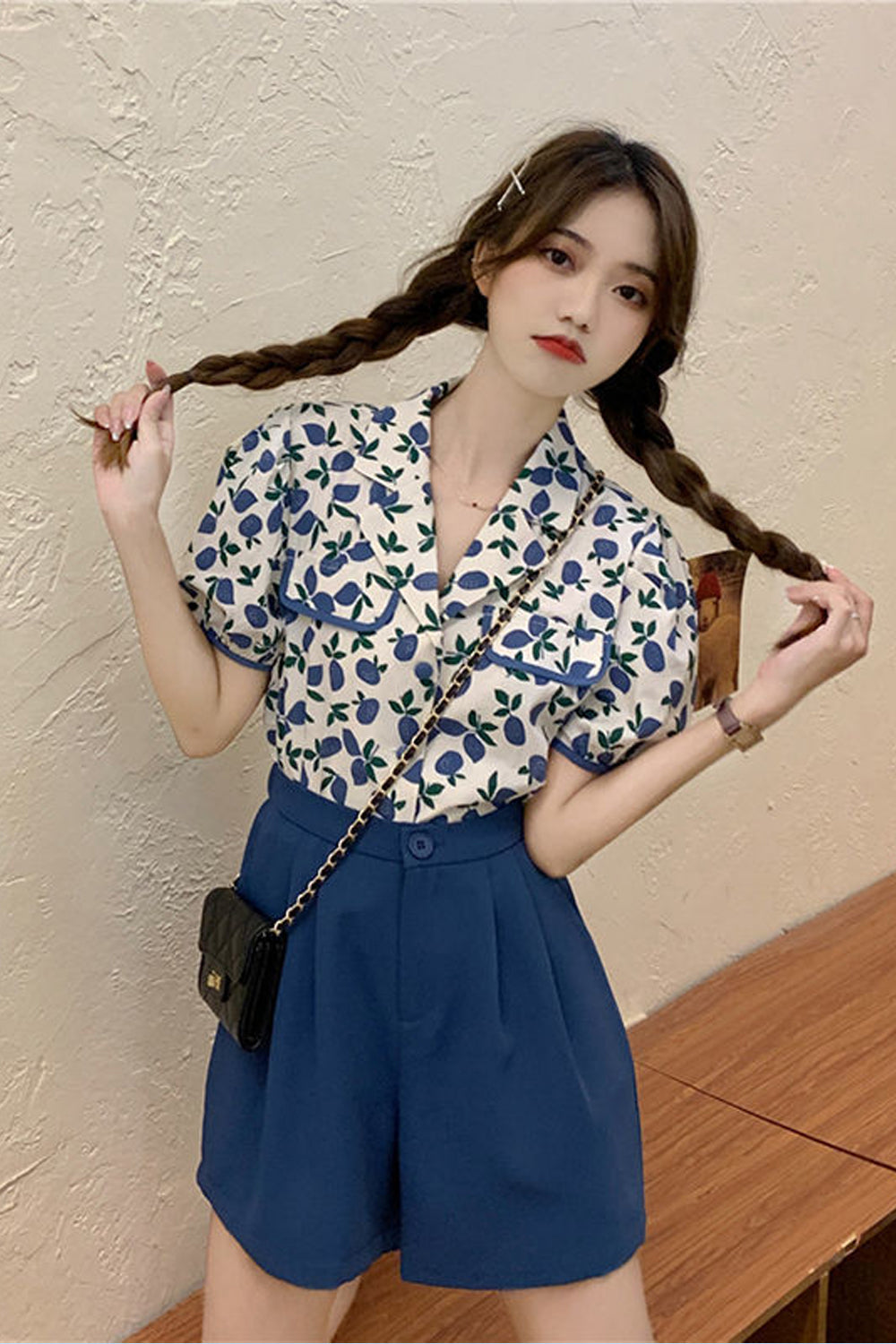 Floral Puff Sleeve Turn Down Collar Blouse Shirt