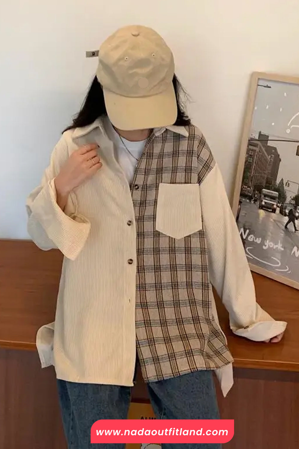 Long Sleeve Plaid Patchwork Corduroy Blouse Shirt