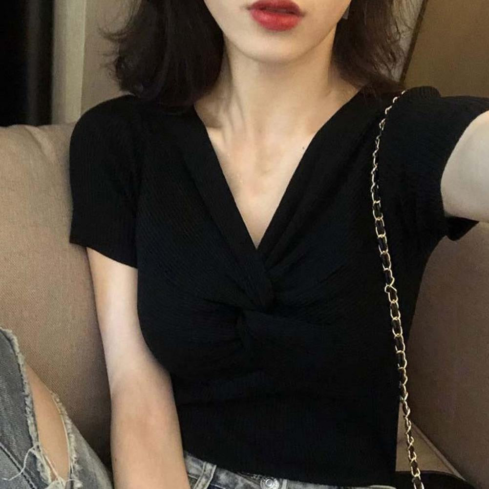 Sexy V-Neck Cross Wrap Knitted Slim Shirt