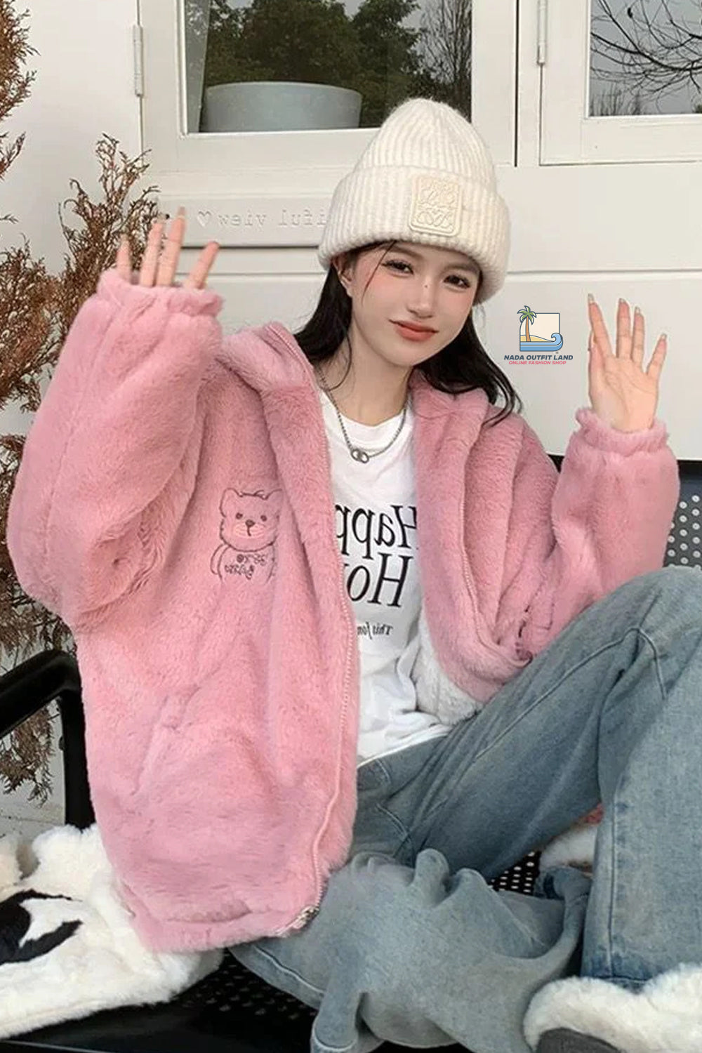 Loose Vintage Cute Bear Embroidered Faux Lamb Jacket