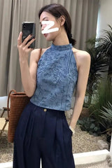 Sexy Floral Printed Halter Blue Crop Tops